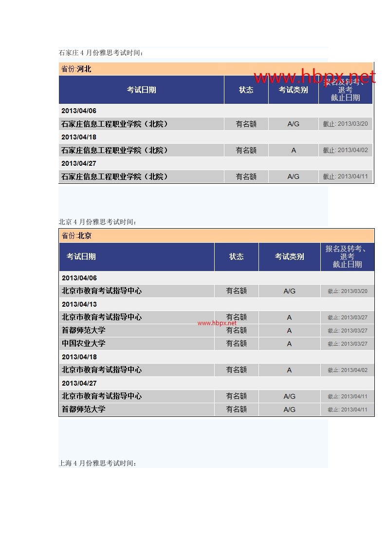 4月份各省雅思ielts考试时间一览表