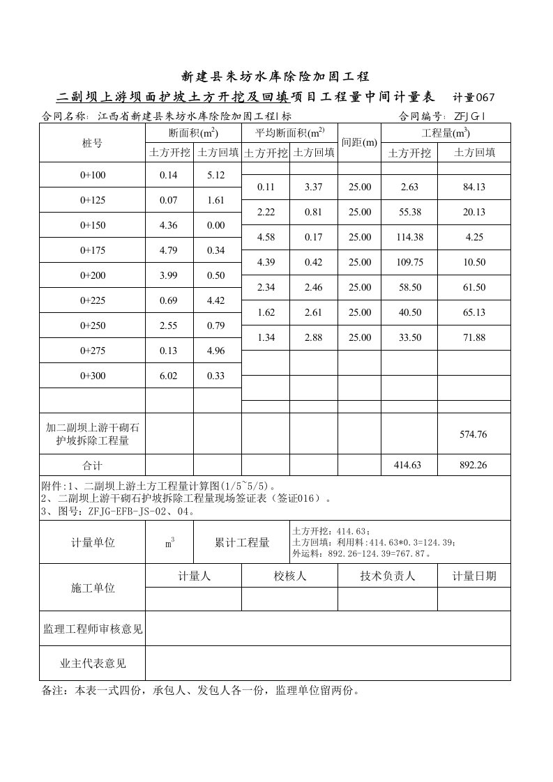 二副坝上游坝面护坡土方开挖及回填工程量计算表