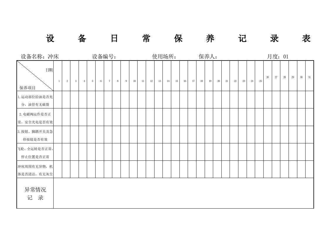 设备日常保养记录表