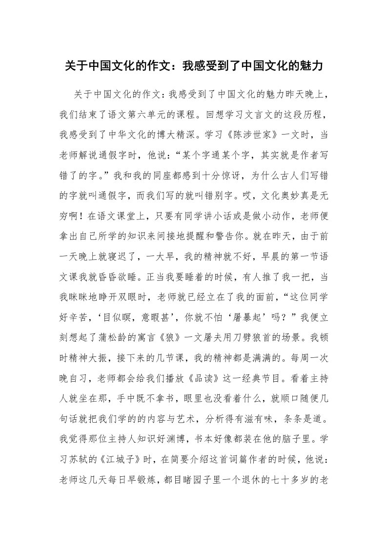 关于中国文化的作文：我感受到了中国文化的魅力