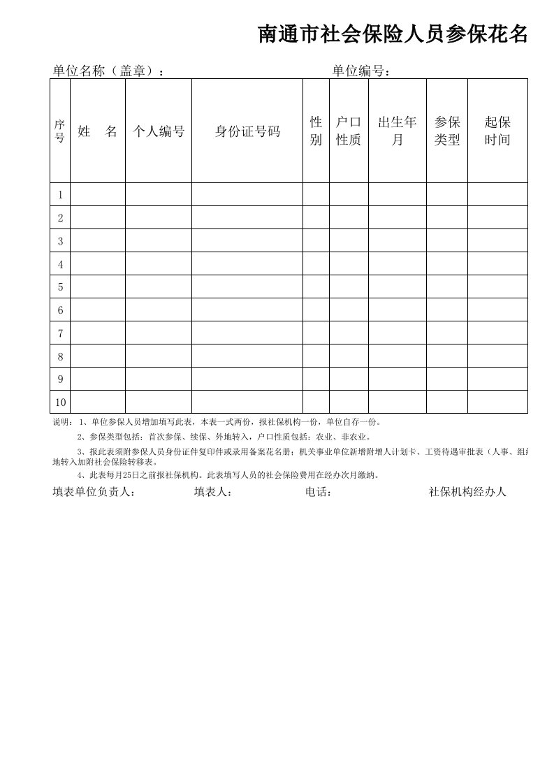 南通市社会保险参保、停保、退保、退休、变更花名册