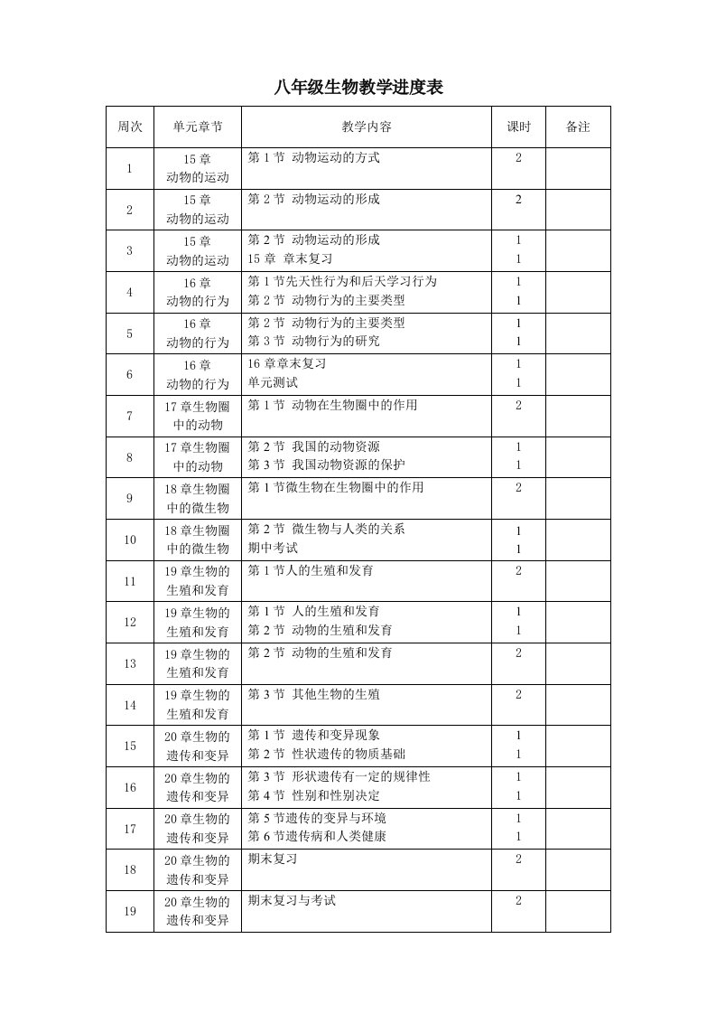 八年级上生物教学进度表