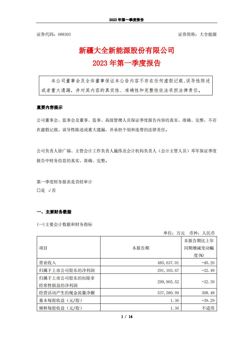 上交所-大全能源2023年第一季度报告-20230427