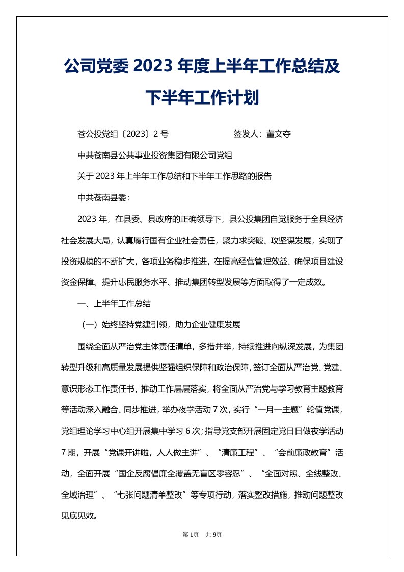 公司党委2023年度上半年工作总结及下半年工作计划