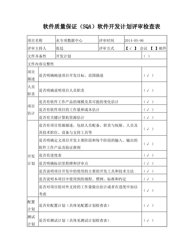 软件质量保证开发计划评审检查表