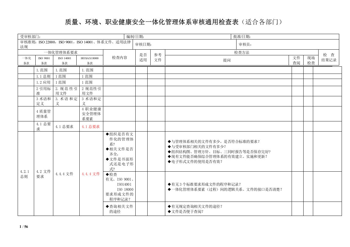 质量、环境和职业健康安全管理体系一体化内审通用检查表