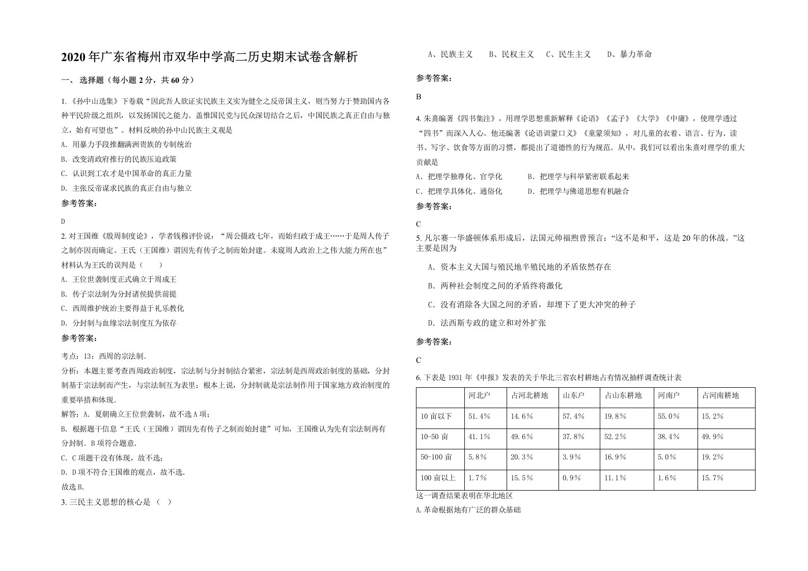 2020年广东省梅州市双华中学高二历史期末试卷含解析