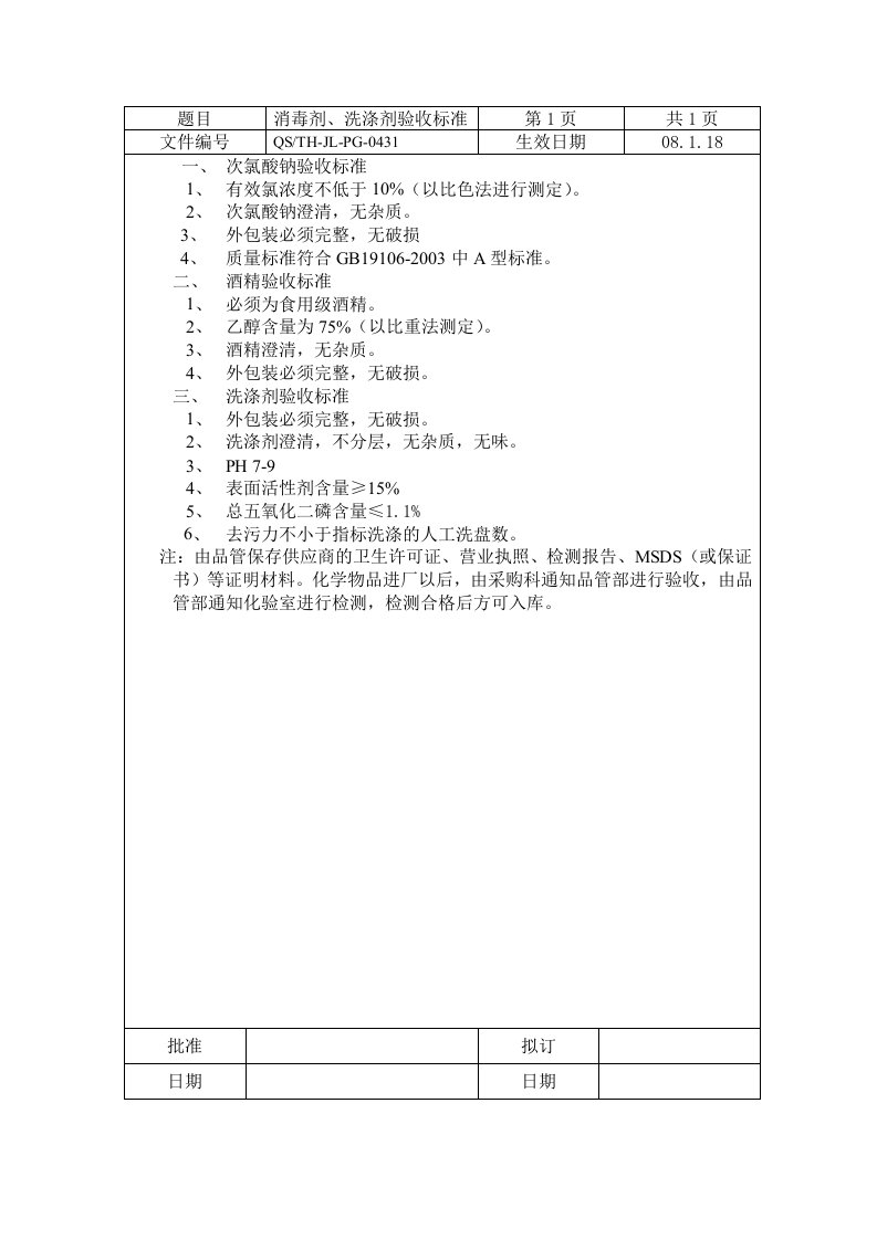 消毒剂洗涤剂验收标准