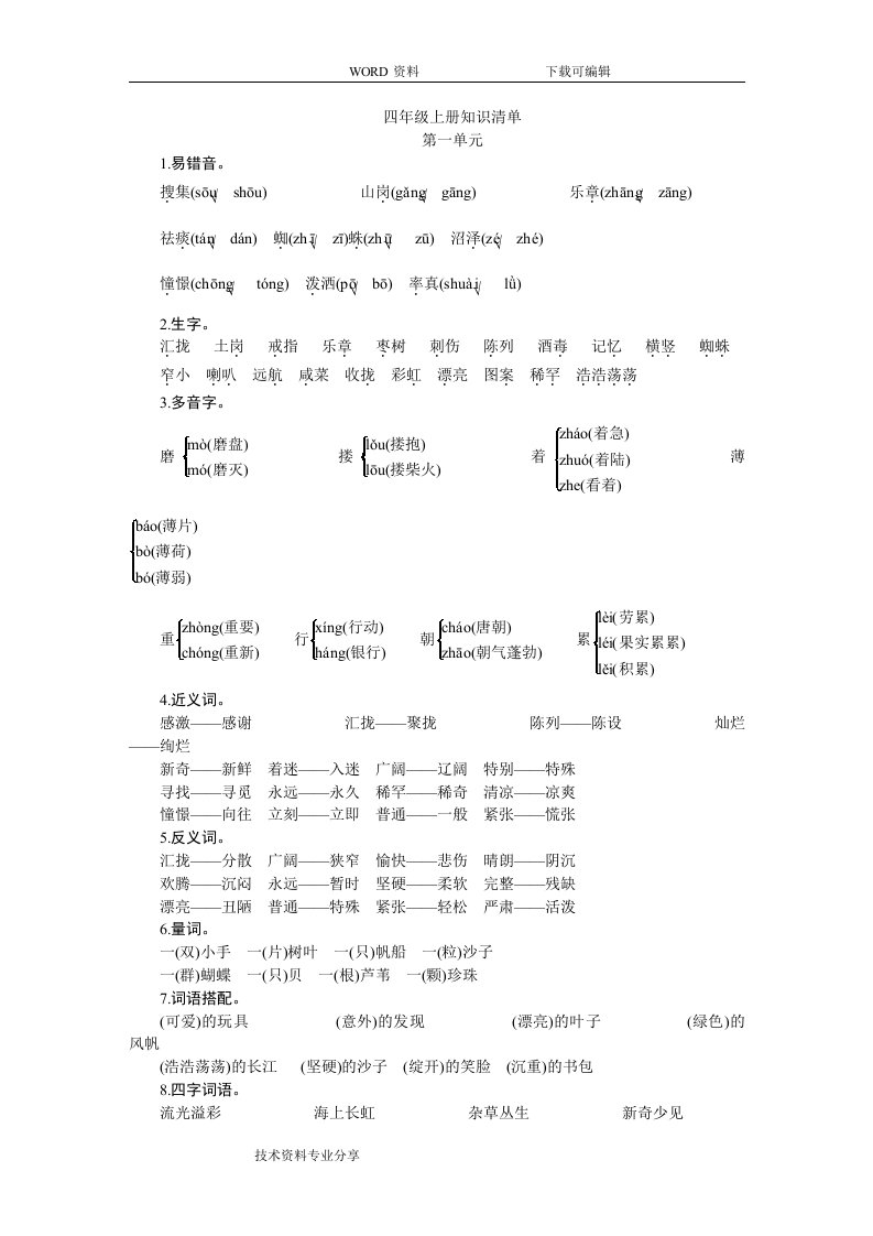 小学语文s版四年级上册知识清单汇总