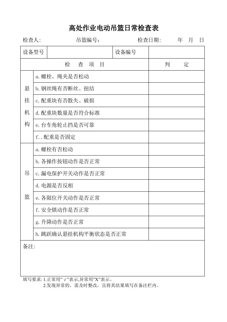 高处作业吊篮日常检查表