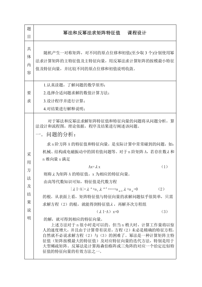 幂法和反幂法求矩阵特征值-课程设计