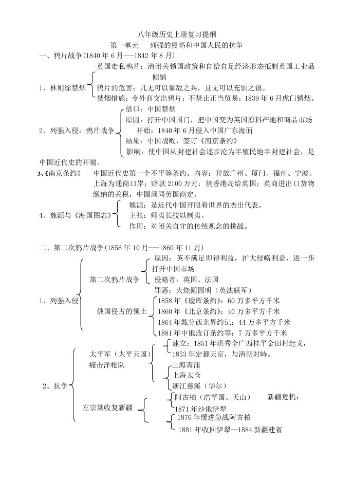 北师大版八年级历史上册复习提纲