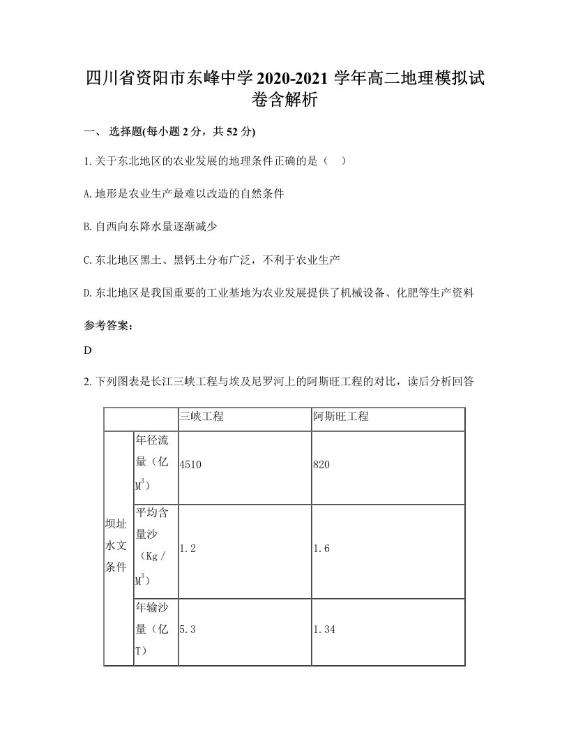 四川省资阳市东峰中学2020-2021学年高二地理模拟试卷含解析