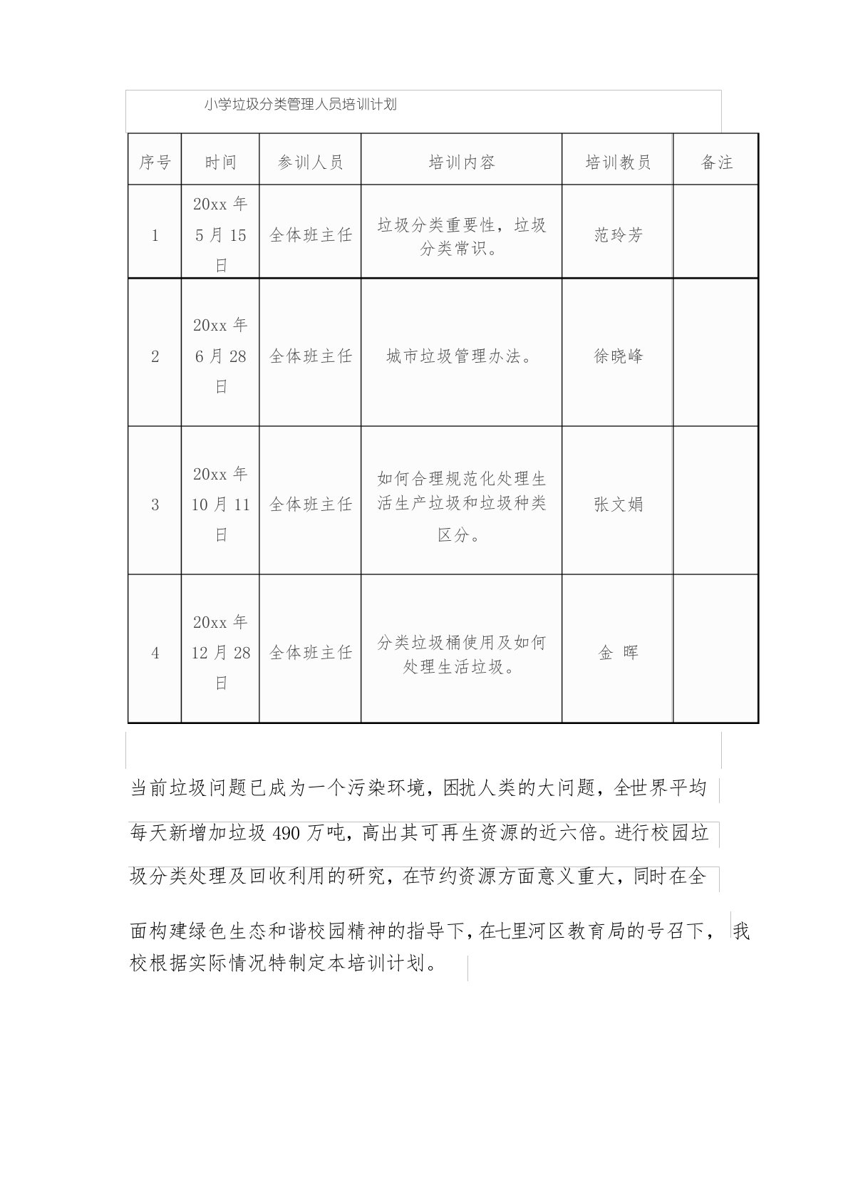 小学垃圾分类管理人员培训计划