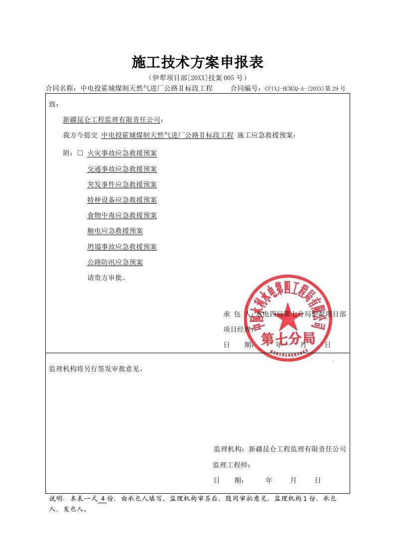 中电投霍城煤制天然气项目进厂公路工程施工应急预案