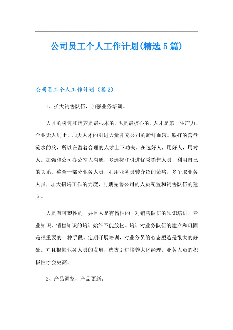 公司员工个人工作计划(精选5篇)