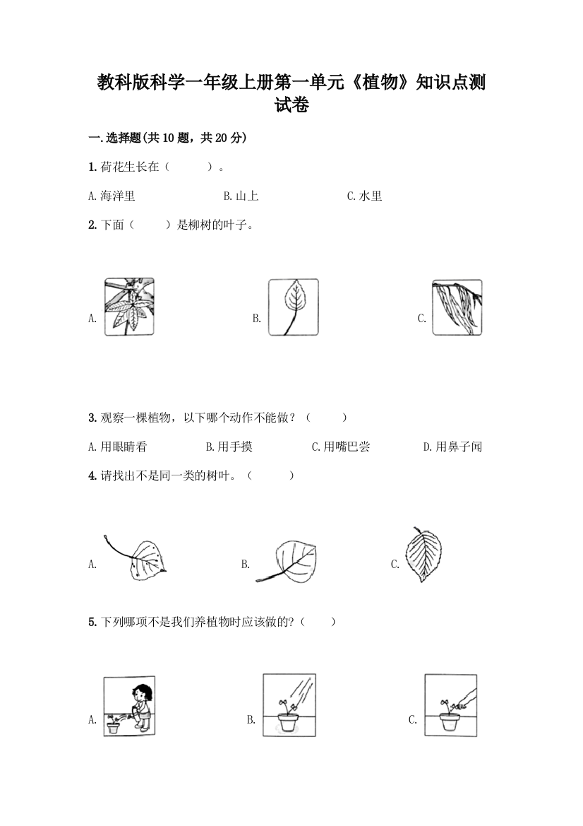 教科版科学一年级上册第一单元《植物》知识点测试卷加答案(基础题)