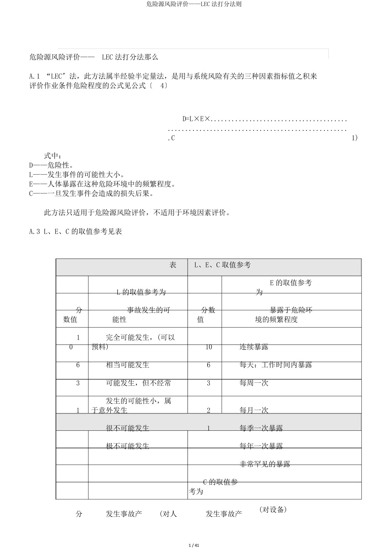 危险源风险评价——LEC法打分法则