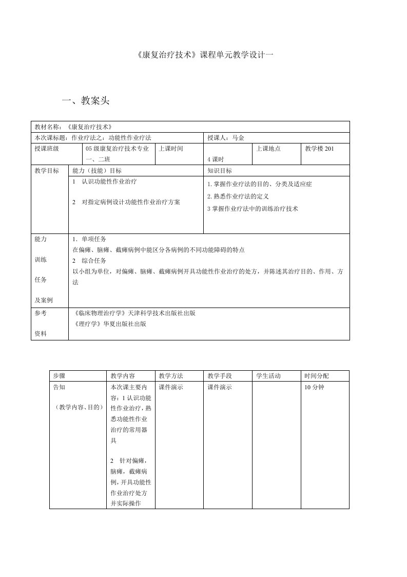 作业治疗技术模块教学的单元教学设计-辽宁中医药大学职业技