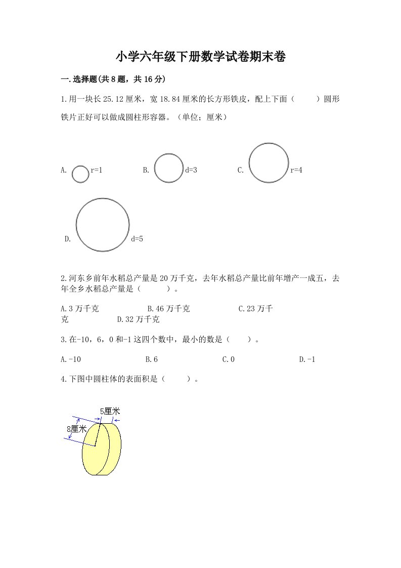 小学六年级下册数学试卷期末卷含答案（轻巧夺冠）