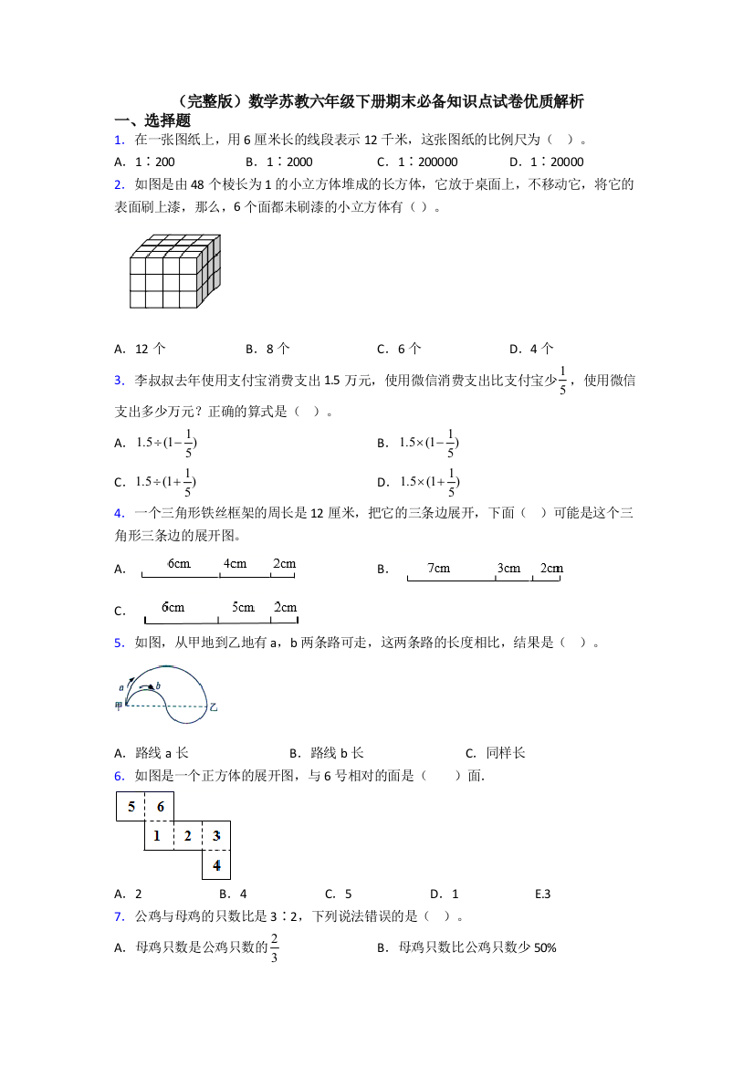 （完整版）数学苏教六年级下册期末必备知识点试卷优质解析