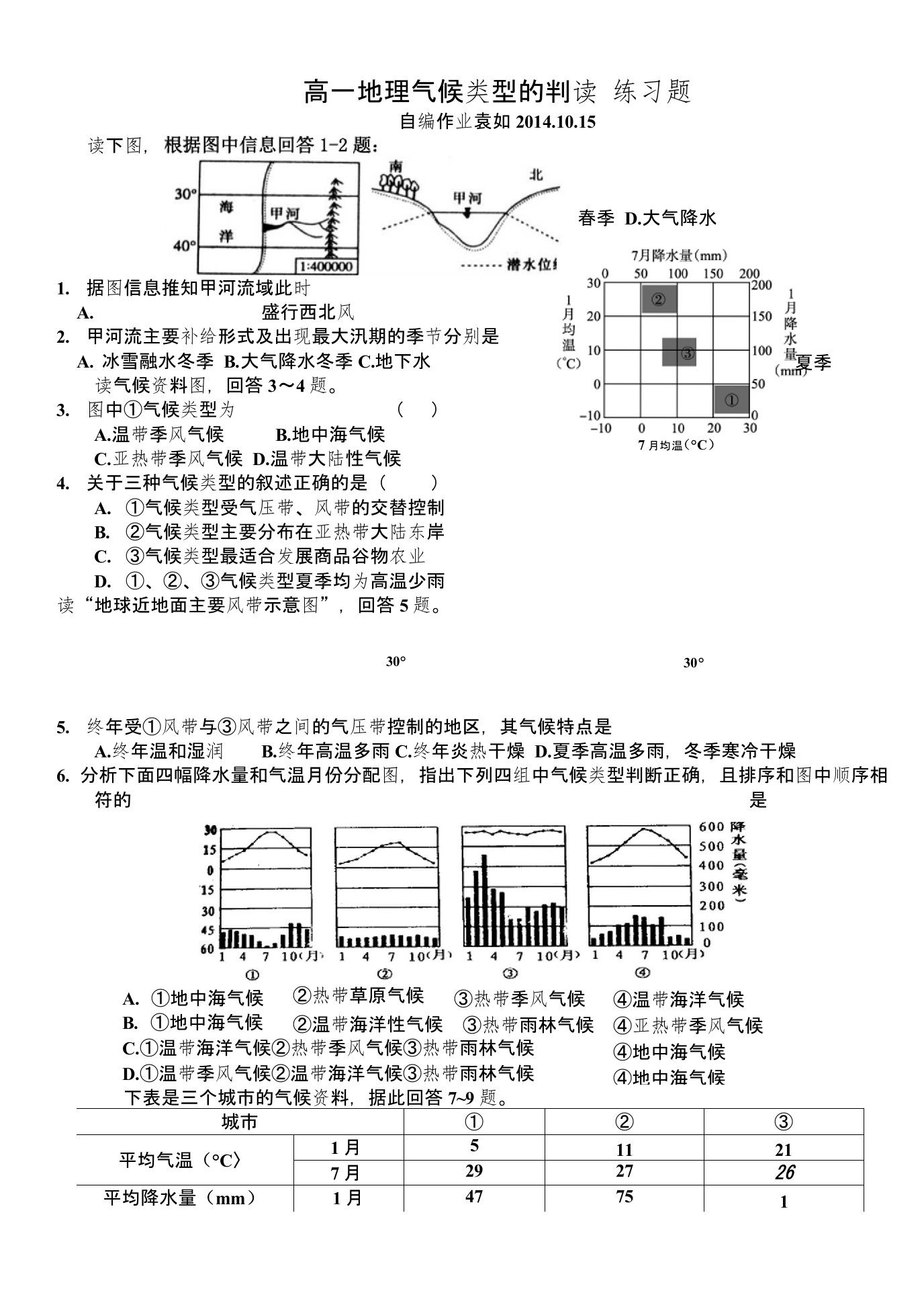 高一地理气候类型的判读练习题