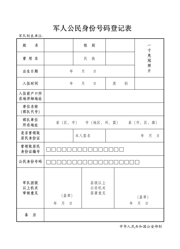 军人公民身份号码登记表