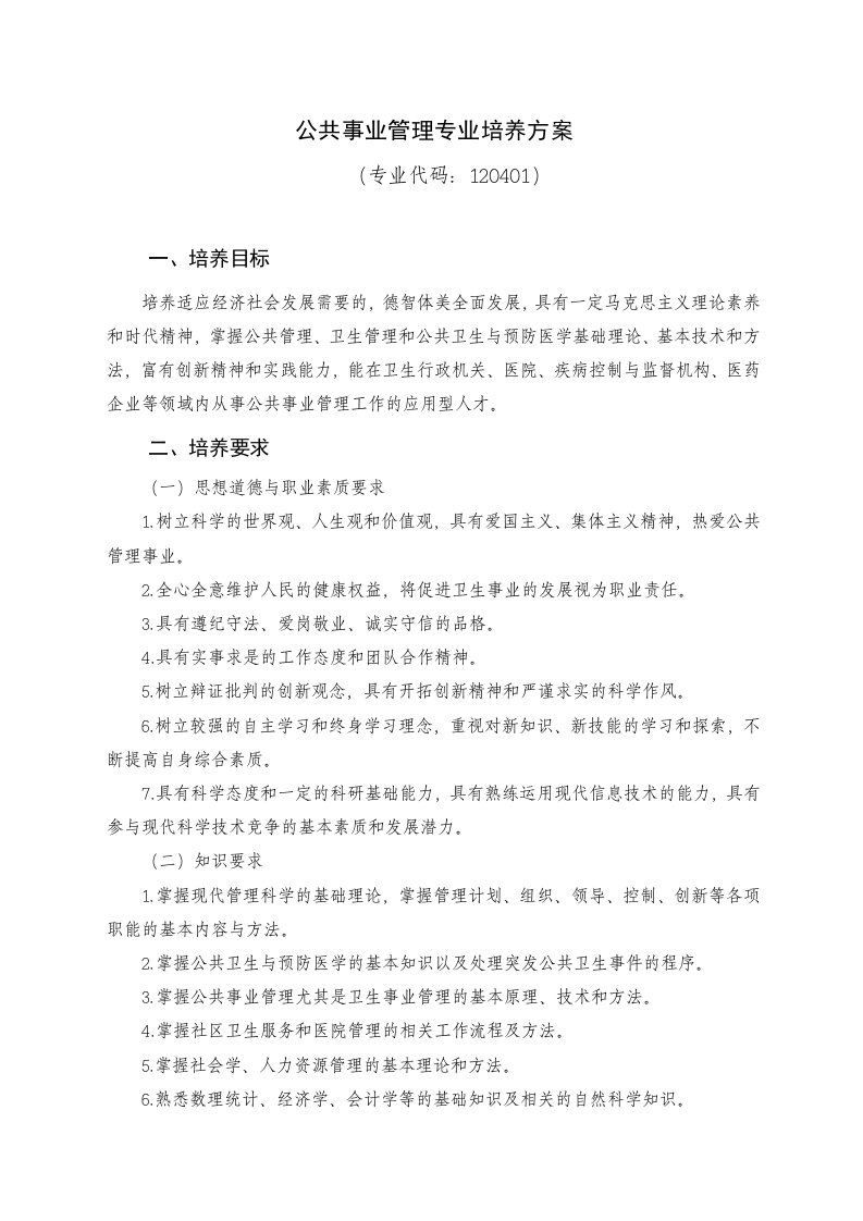 公共事业管理专业培养方案