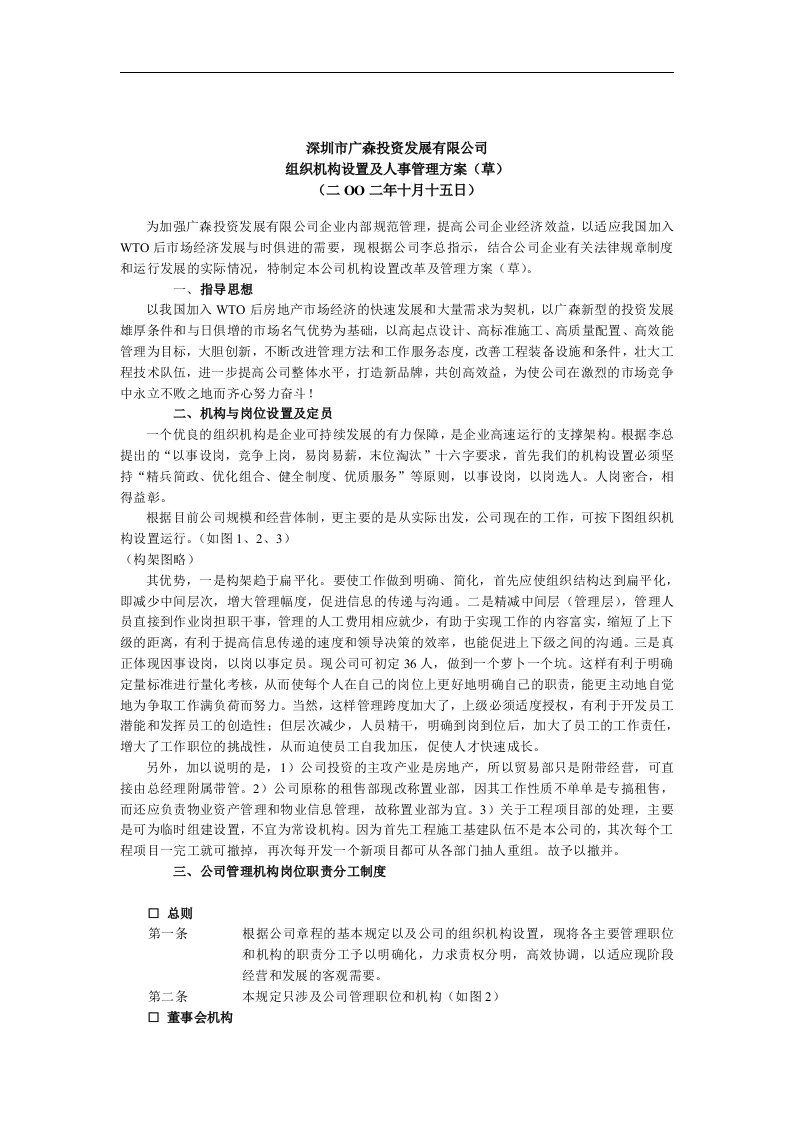 精选某投资发展公司组织机构设置及人事管理方案