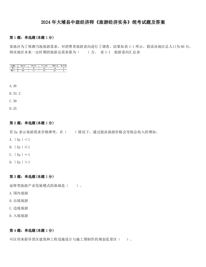 2024年大埔县中级经济师《旅游经济实务》统考试题及答案