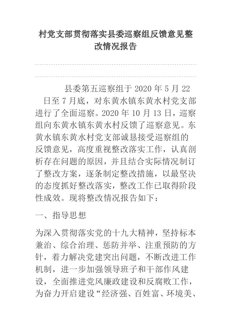 村党支部贯彻落实县委巡察组反馈意见整改情况报告