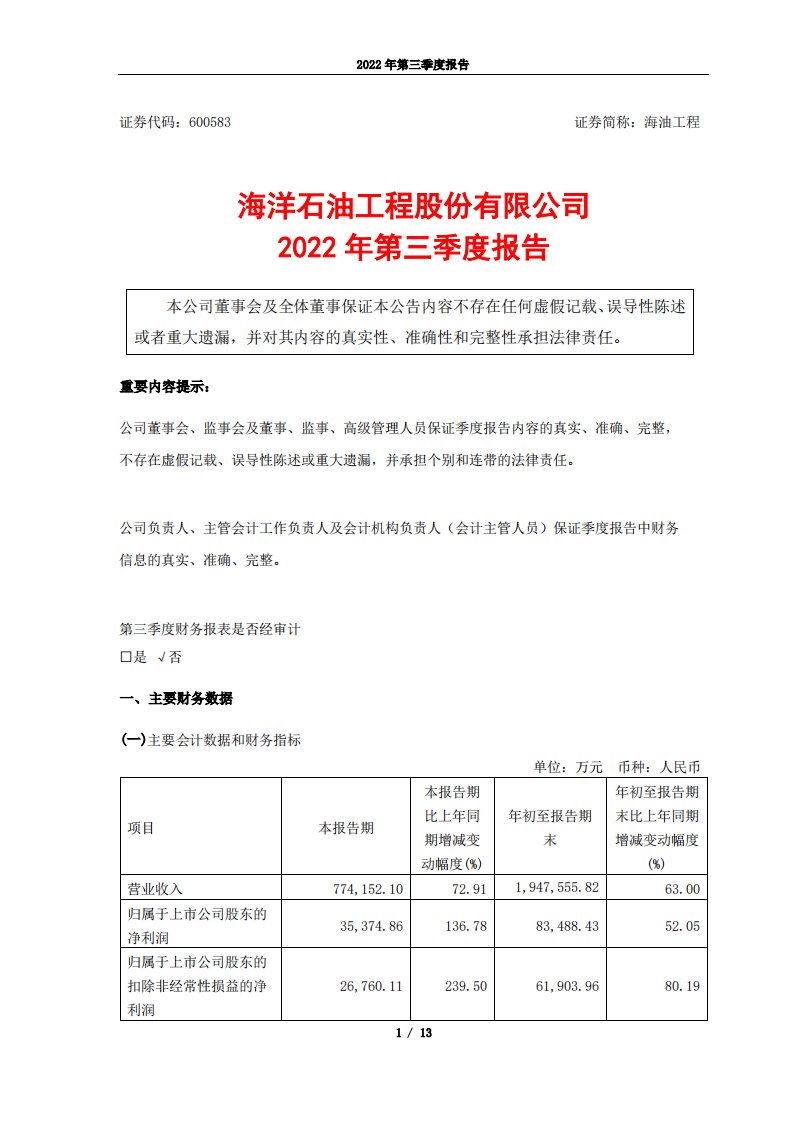 上交所-海油工程2022年第三季度报告-20221030