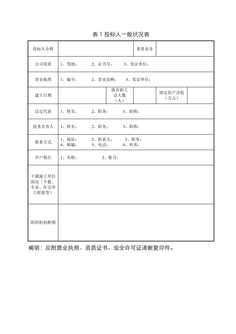 经典投标人一般情况表