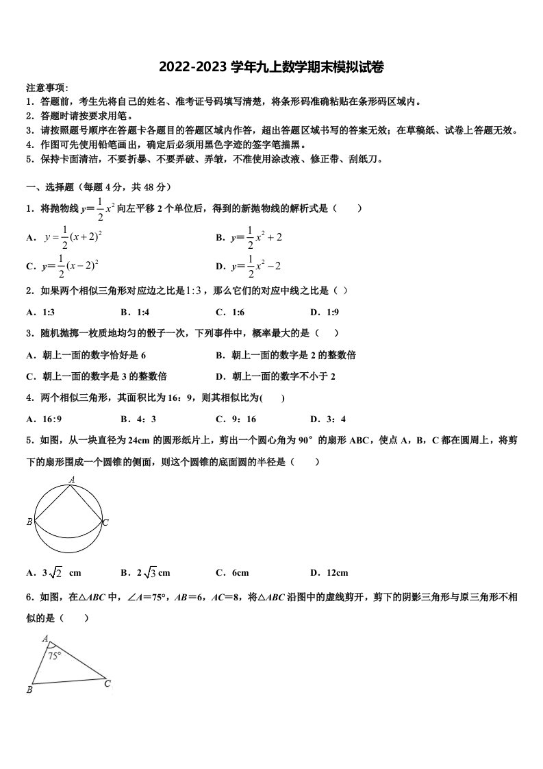 2022年辽宁省新宾县九年级数学第一学期期末教学质量检测模拟试题含解析