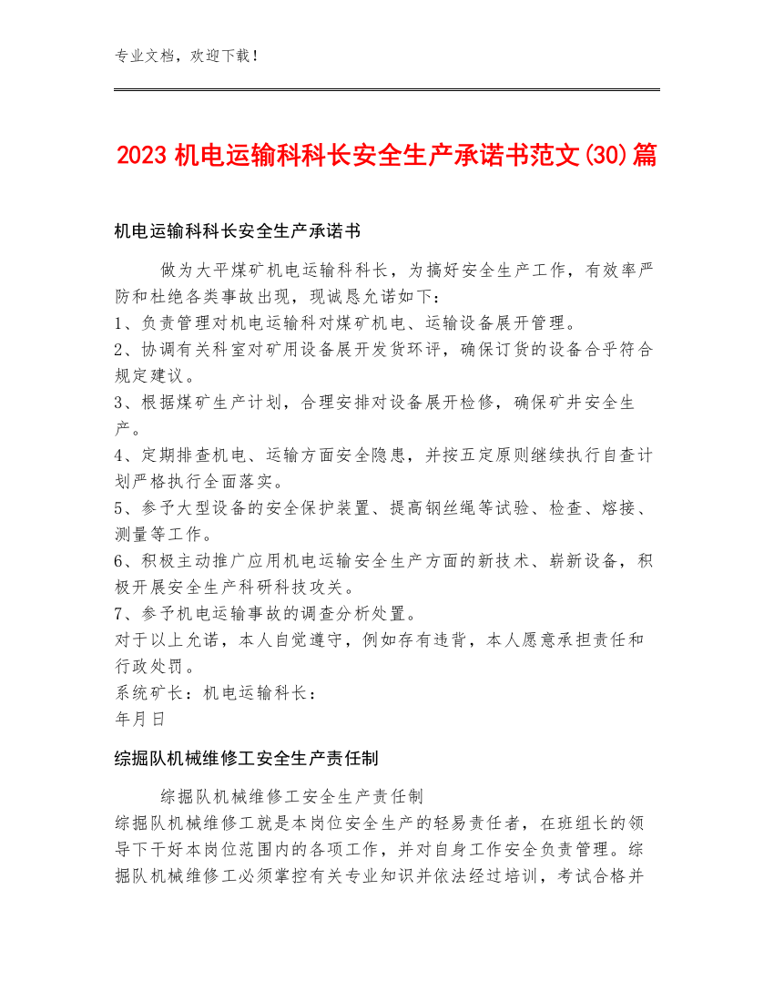 2023机电运输科科长安全生产承诺书范文(30)篇