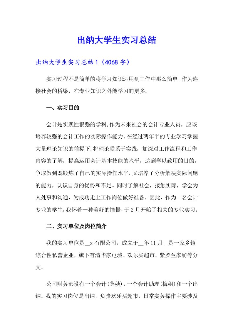 出纳大学生实习总结