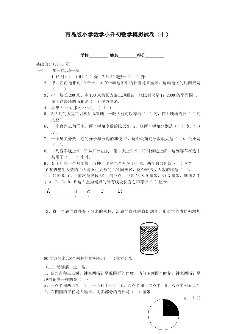 小学数学小升初数学模拟试卷十