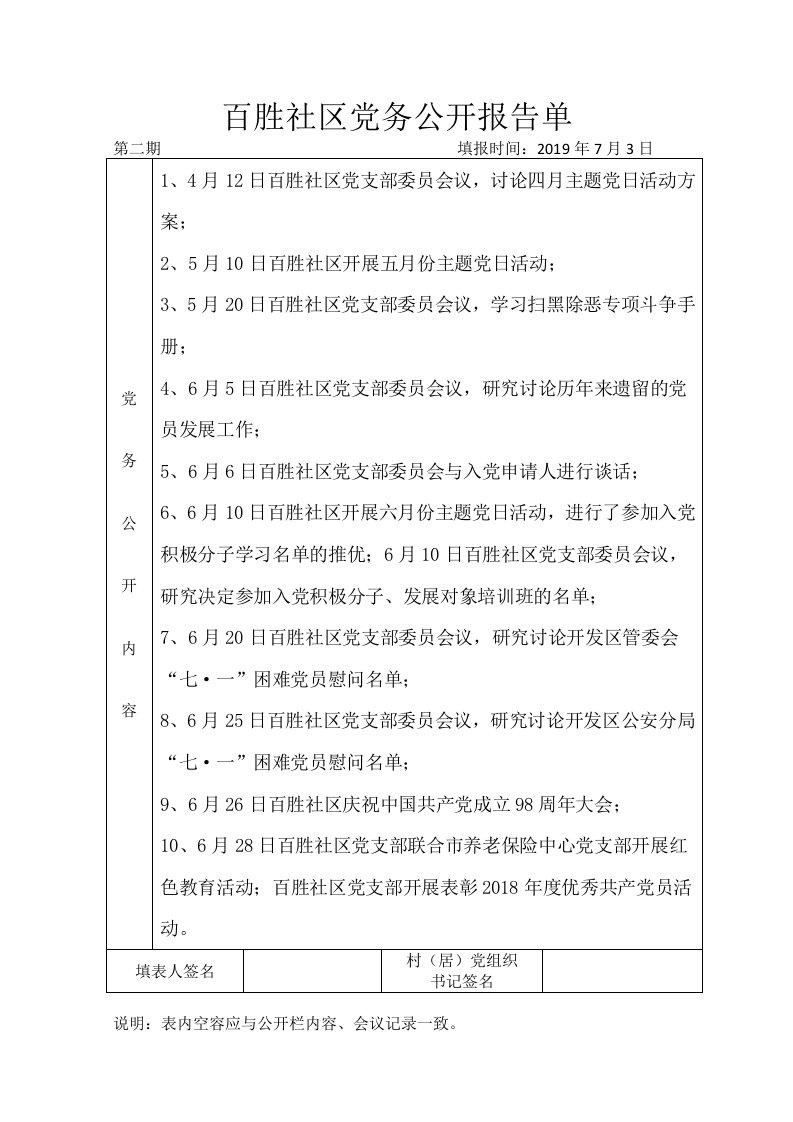 百胜社区党务公开报告单