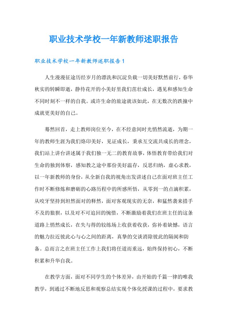 职业技术学校一年新教师述职报告