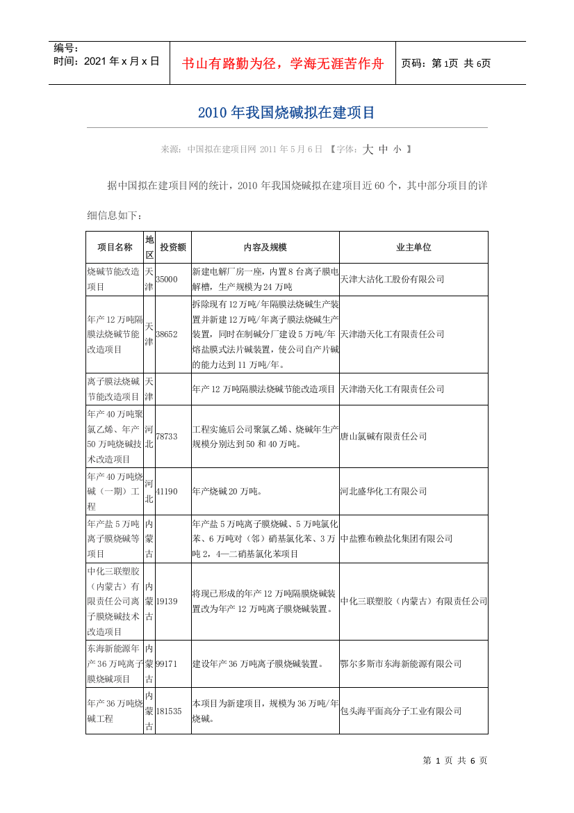 XXXX年我国烧碱拟在建项目