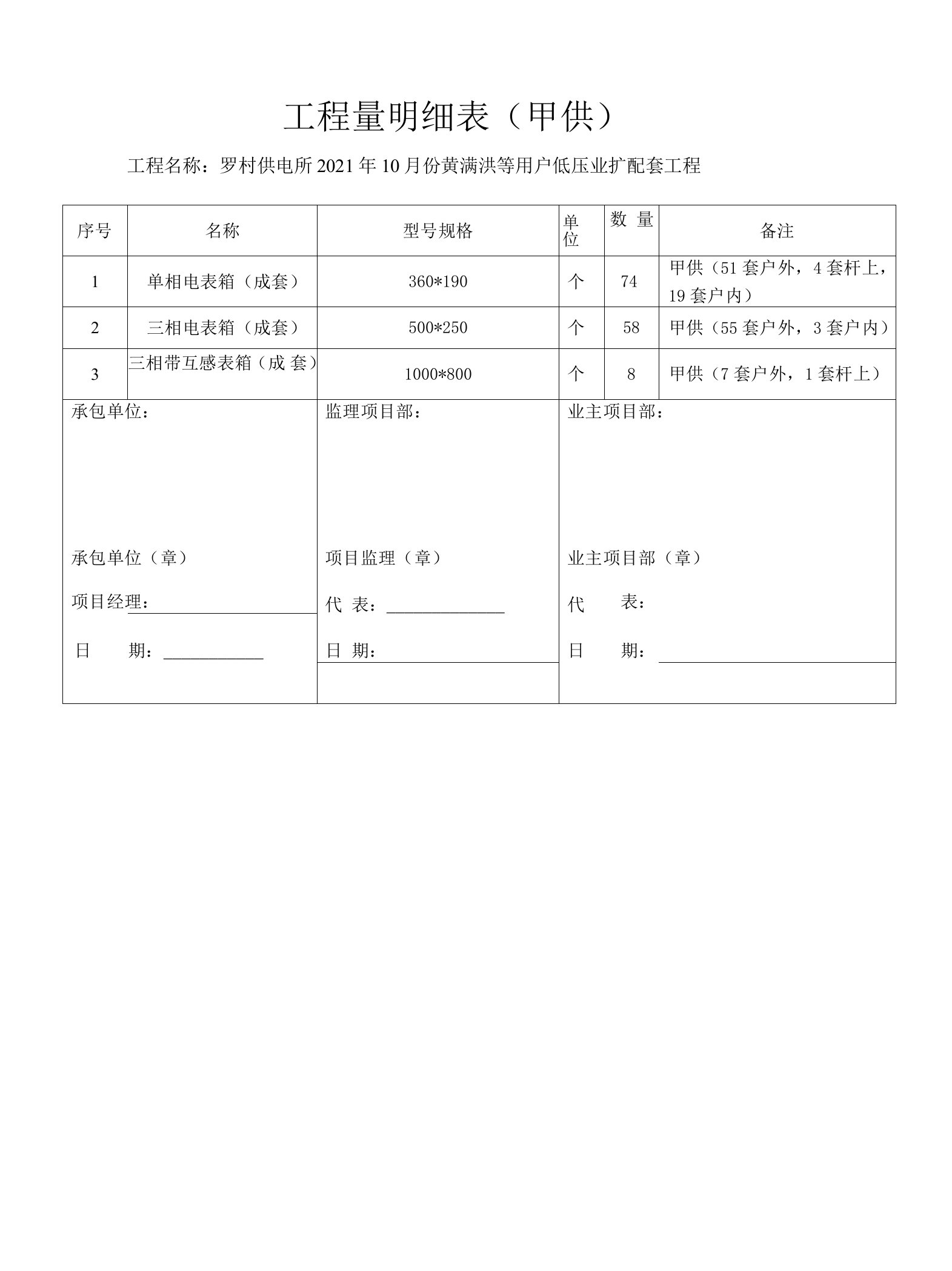 罗村所2021年10月份黄满洪等用户低压业扩配套工程-工程量明细表