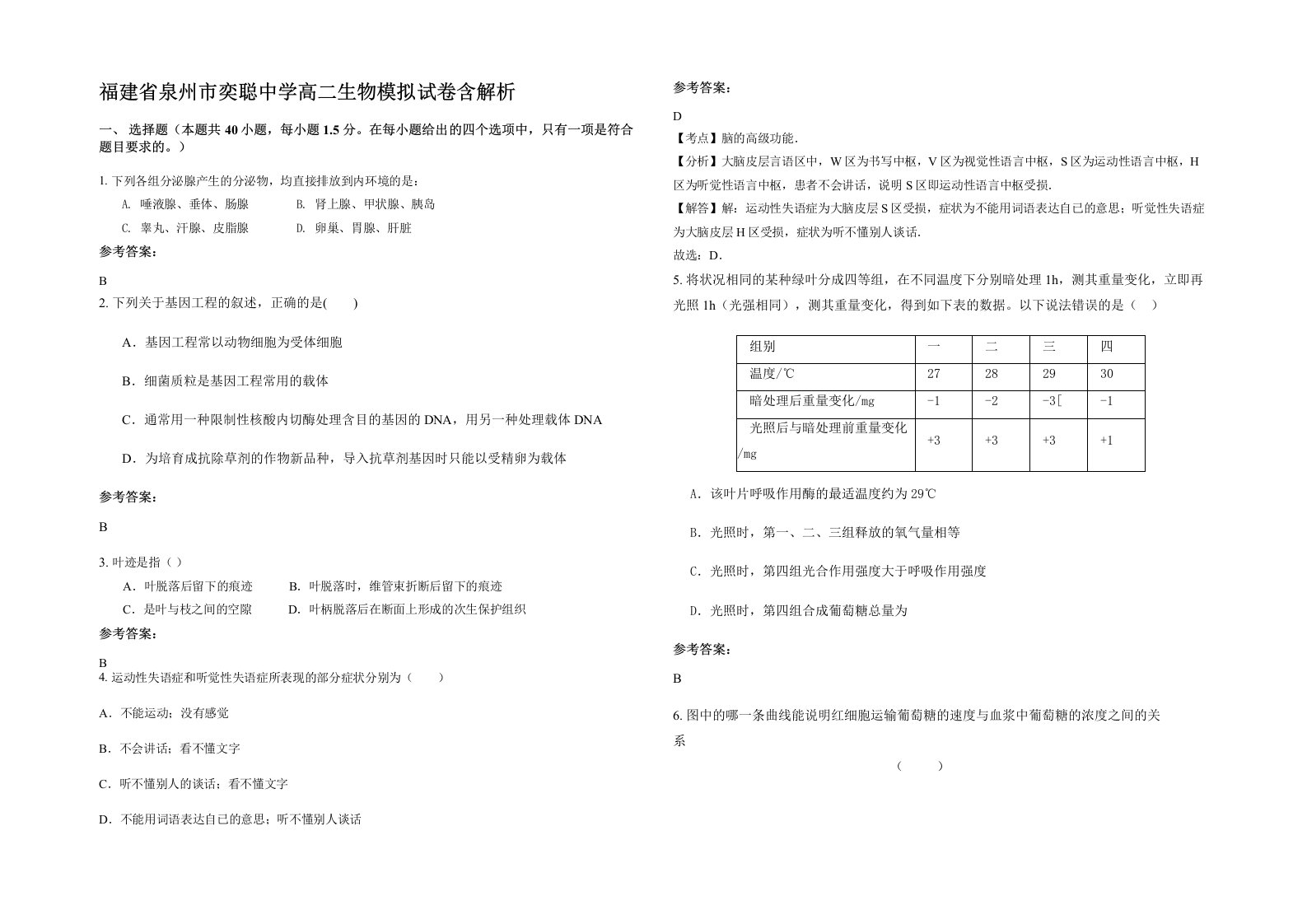 福建省泉州市奕聪中学高二生物模拟试卷含解析