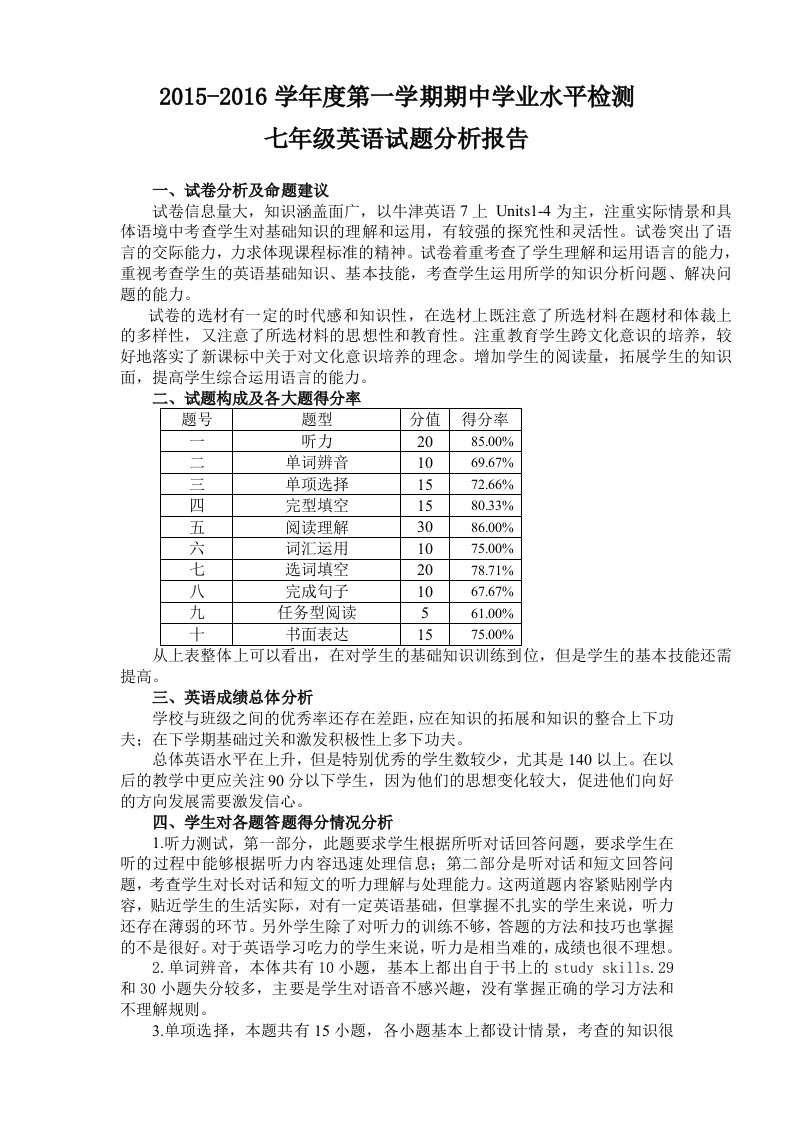 七年级英语期中学业检测质量分析报告