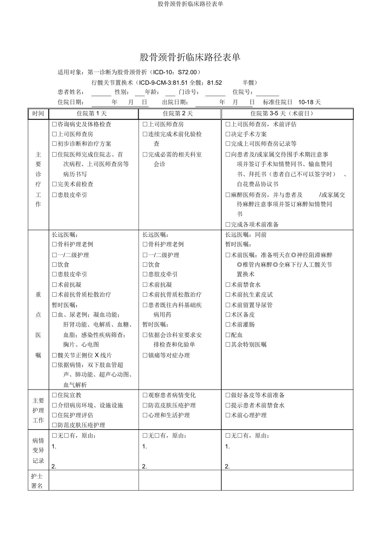 股骨颈骨折临床路径表单