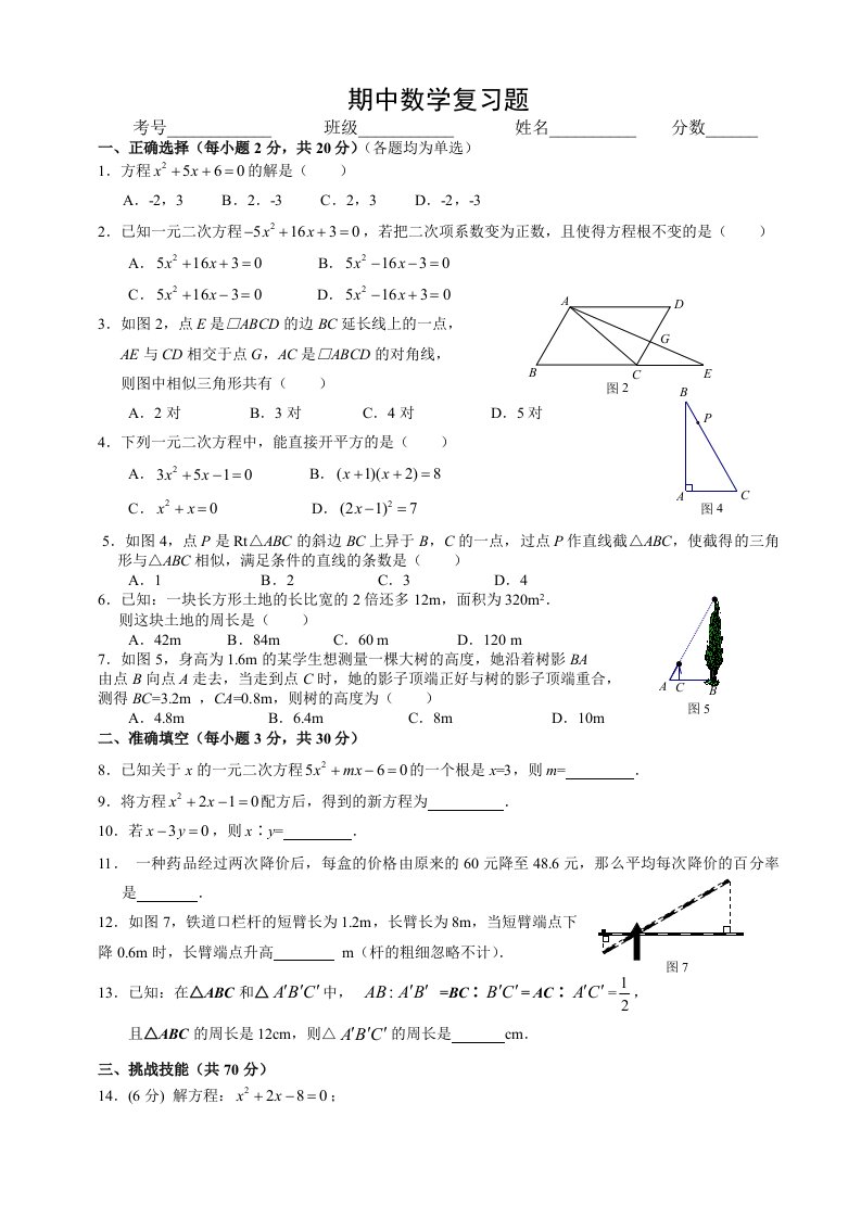 冀教版九年级数学上册期中试题