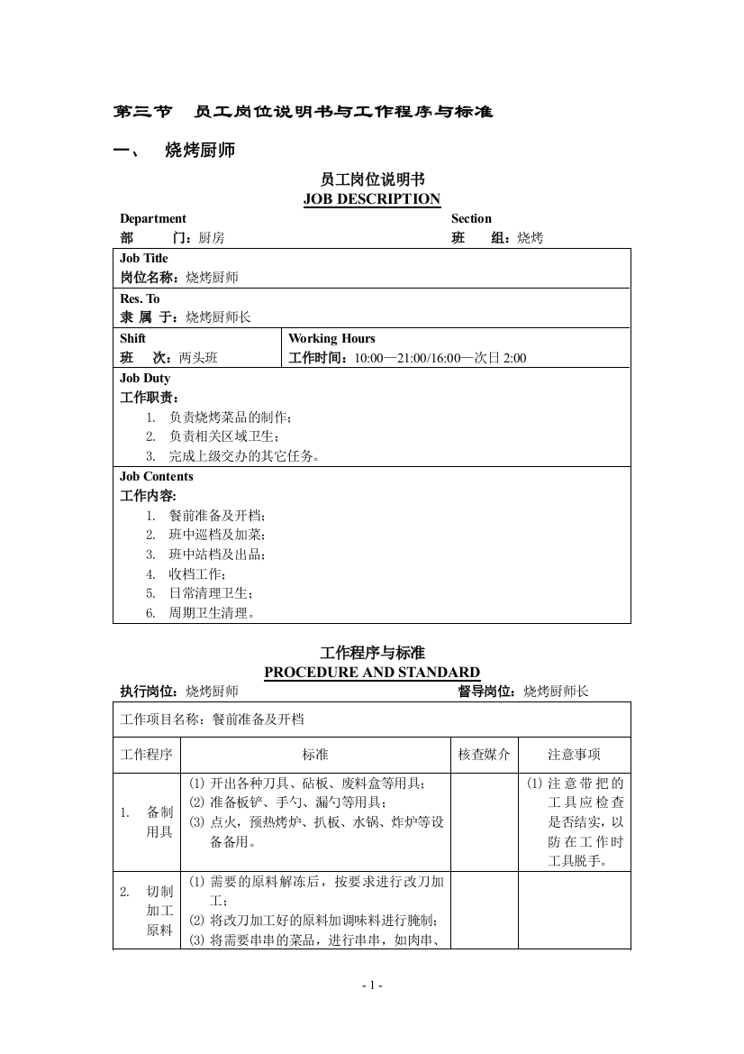 五星级大酒店厨房部制度表格-员工岗位说明书与工作程序与标准