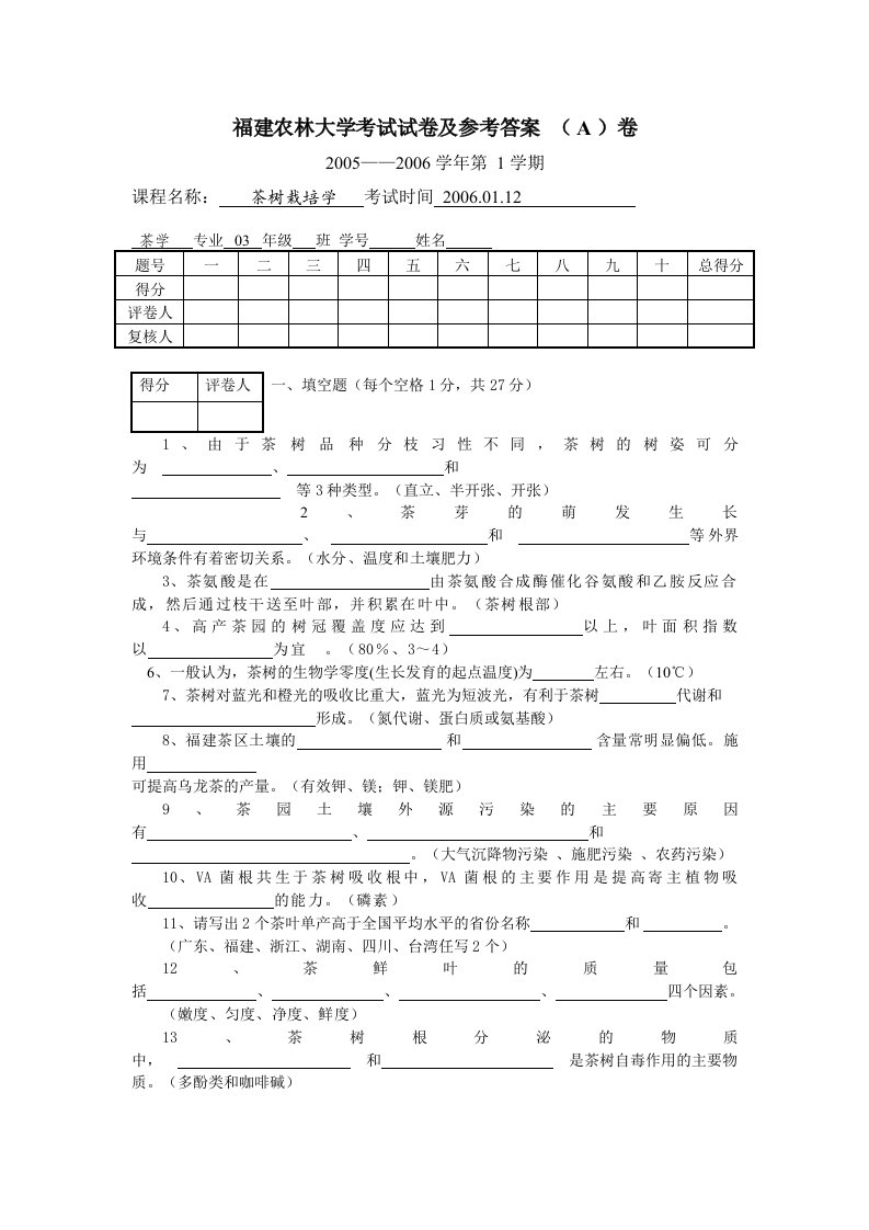 茶树栽培学试卷及参考答案解读