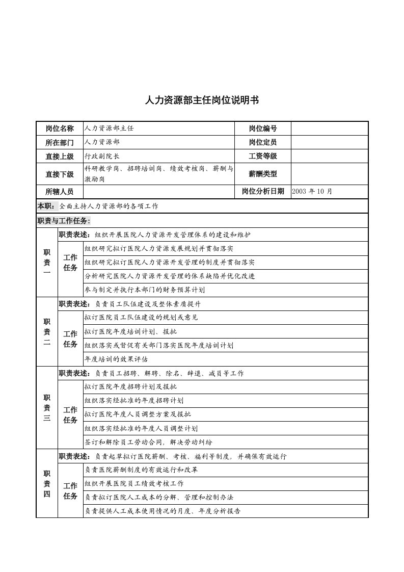 湖北新华医院人力资源部主任岗位说明书