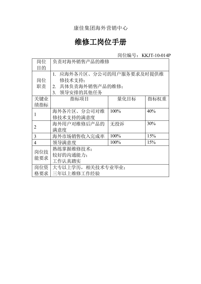 《维修工岗位手册》word版