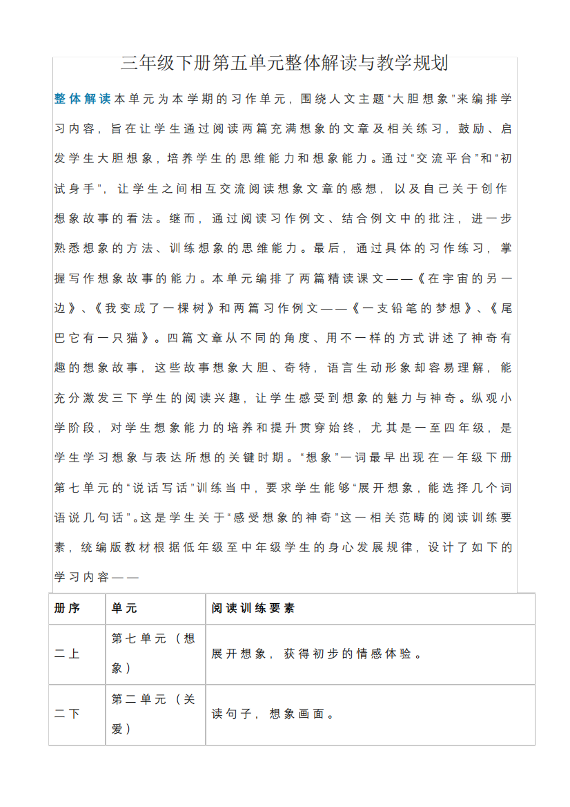 【部编版】三年级下册第五单元整体解读与教学规划